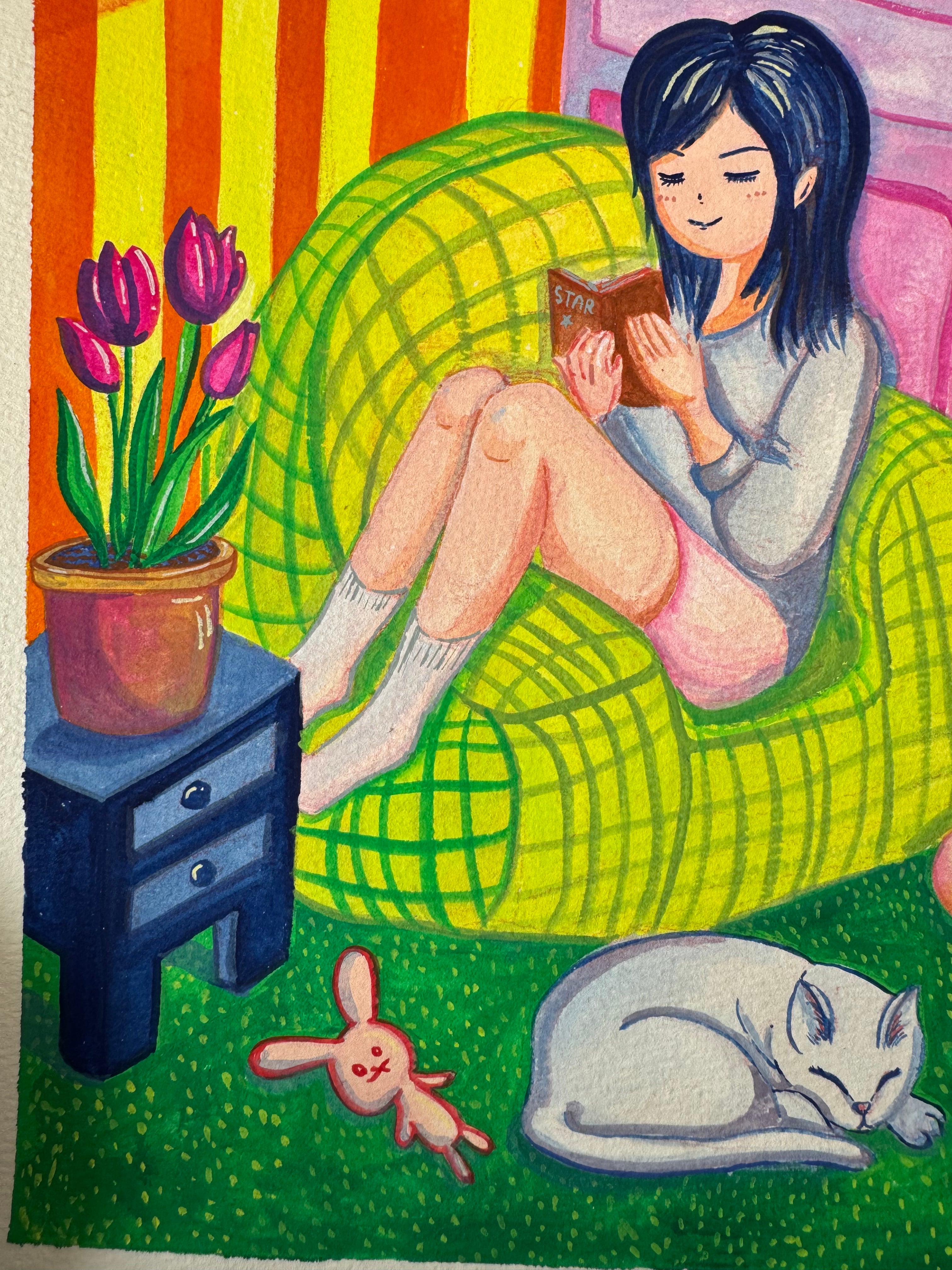 Midnight Reading – Acrylic Gouache Illustration