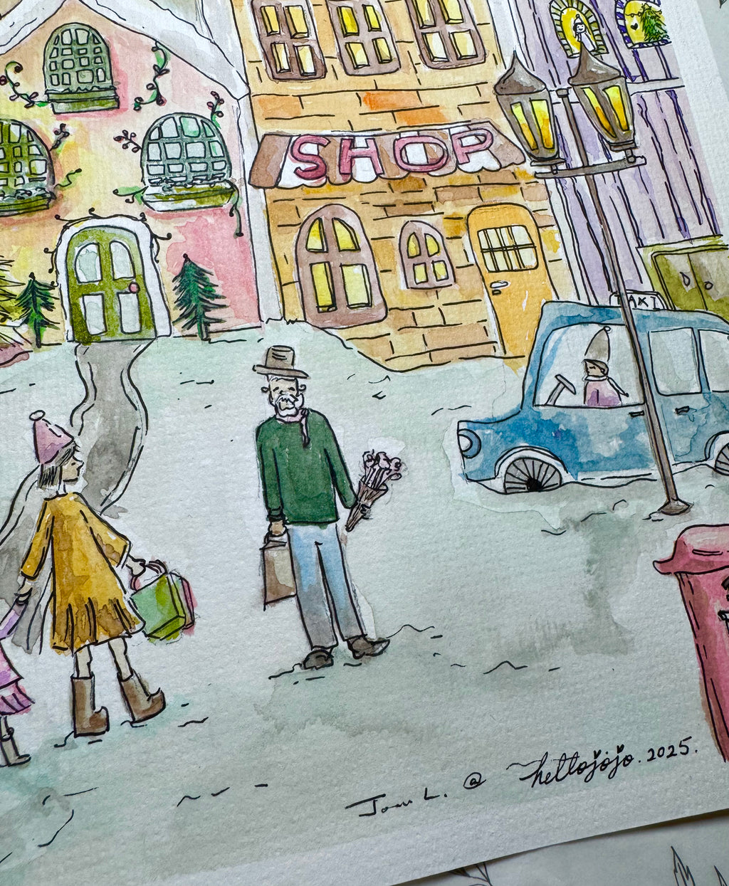 Twinkle Town - A3 Watercolour with Ink Original Painting