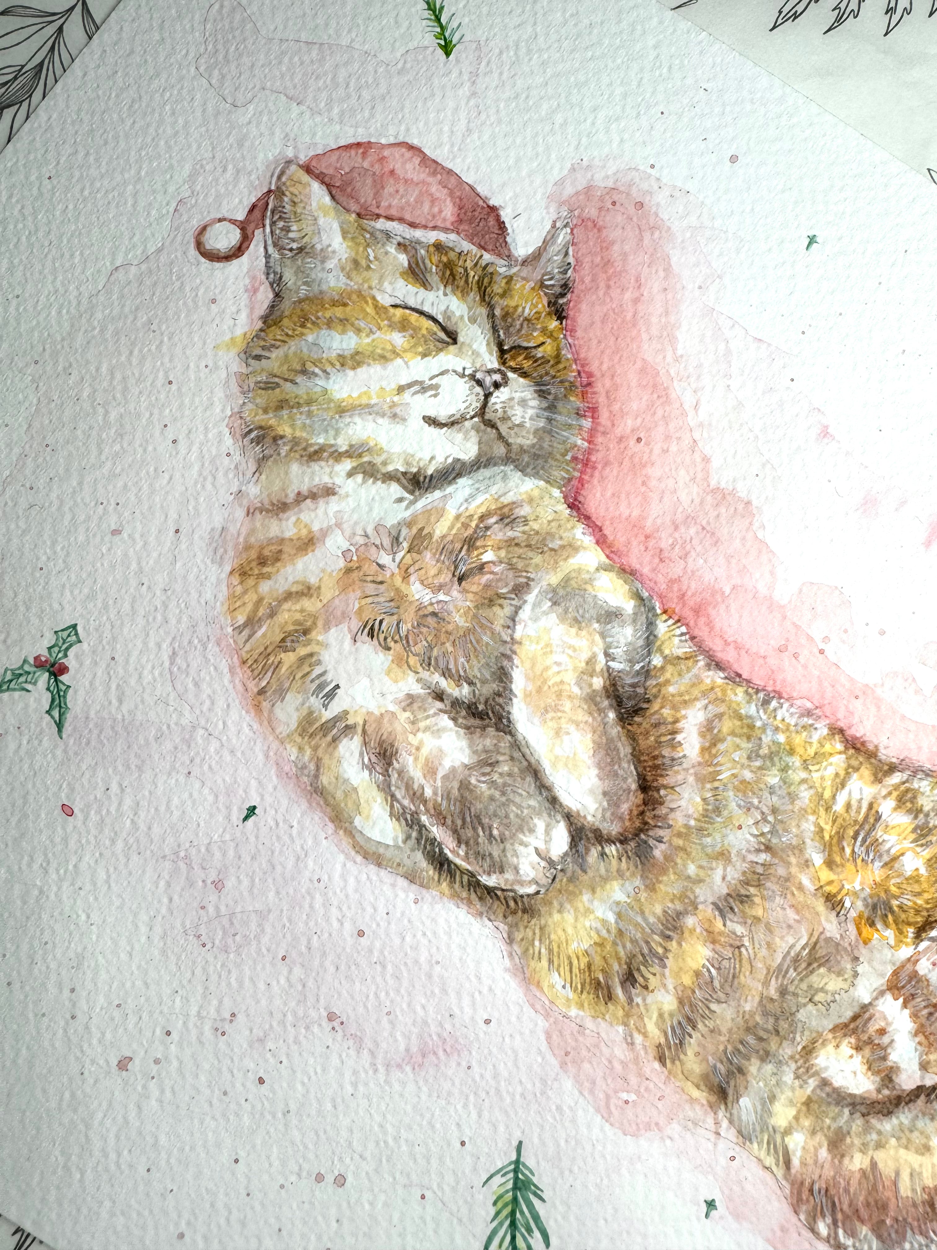 Christmas Catnap - A4 Watercolour Original Painting