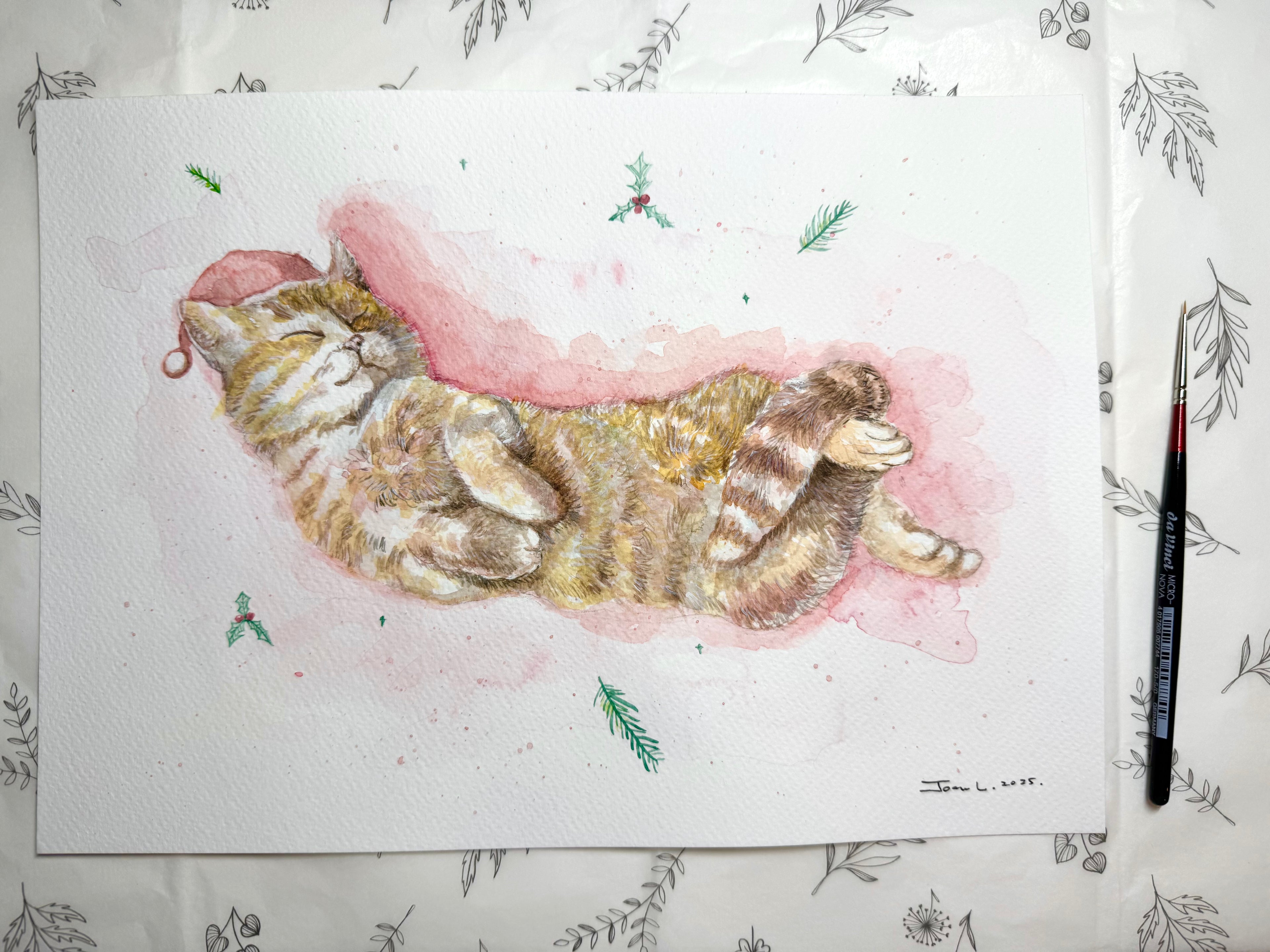 Christmas Catnap - A4 Watercolour Original Painting